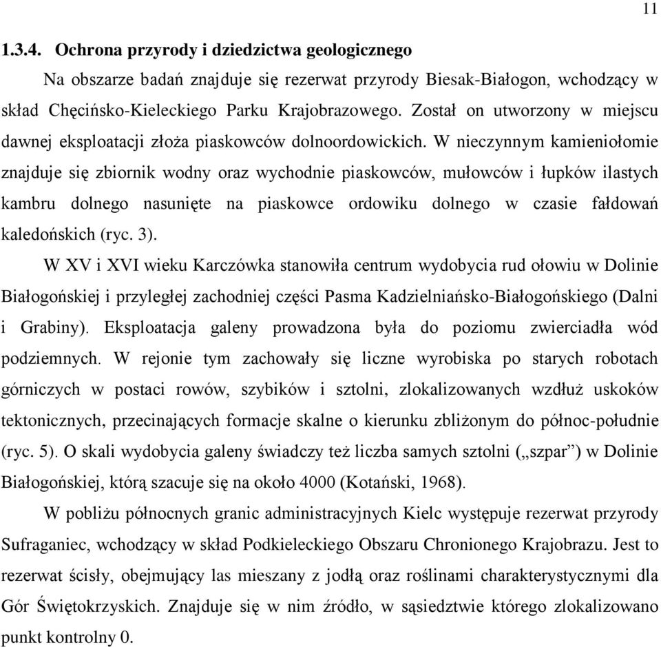 W nieczynnym kamieniołomie znajduje się zbiornik wodny oraz wychodnie piaskowców, mułowców i łupków ilastych kambru dolnego nasunięte na piaskowce ordowiku dolnego w czasie fałdowań kaledońskich (ryc.