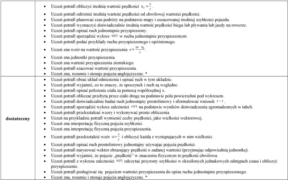 Uczeń potrafi wyznaczyć doświadczalnie średnią wartość prędkości biegu lub pływania lub jazdy na rowerze. Uczeń potrafi opisać ruch jednostajnie przyspieszony.