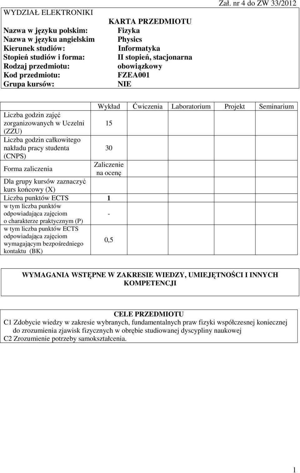 nr 4 do ZW 33/01 zajęć zorganizowanych w Uczelni (ZZU) całkowitego nakładu pracy studenta (CNPS) Forma zaliczenia Wykład Ćwiczenia Laboratorium Projekt Seminarium 15 30 Zaliczenie na ocenę Dla grupy