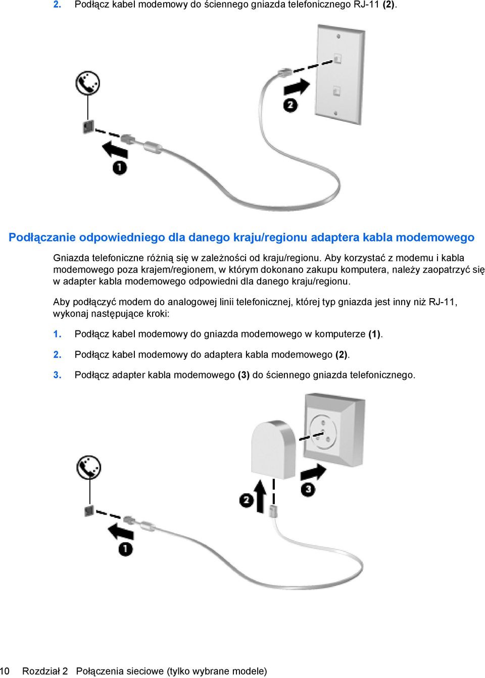 Aby korzystać z modemu i kabla modemowego poza krajem/regionem, w którym dokonano zakupu komputera, należy zaopatrzyć się w adapter kabla modemowego odpowiedni dla danego kraju/regionu.