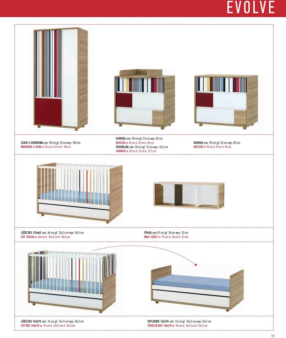 124,5 cm wys. 96,5 cm COT 120x60 w. 66 cm d. 124,5 cm h. 96,5 cm PÓŁKA szer.91 cm gł. 30 cm wys. 33 cm WALL SHELF w. 91 cm d. 30 cm h. 33 cm ŁÓŻECZKO 140x70 szer. 76 cm gł.