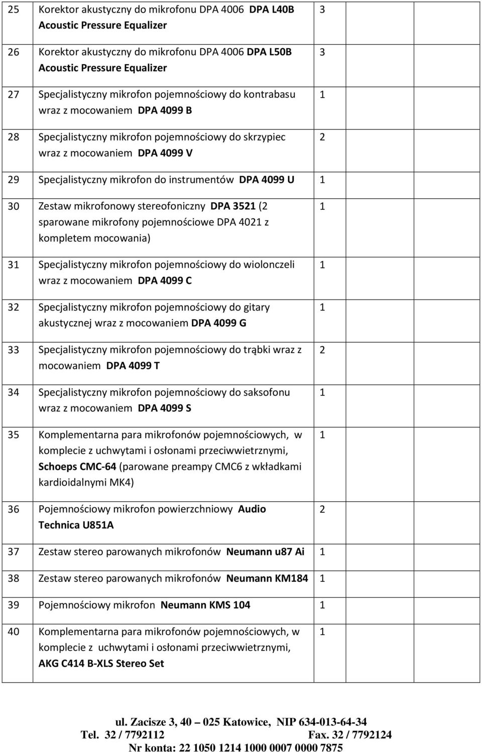 30 Zestaw mikrofonowy stereofoniczny DPA 35 ( sparowane mikrofony pojemnościowe DPA 40 z kompletem mocowania) 3 Specjalistyczny mikrofon pojemnościowy do wiolonczeli wraz z mocowaniem DPA 4099 C 3