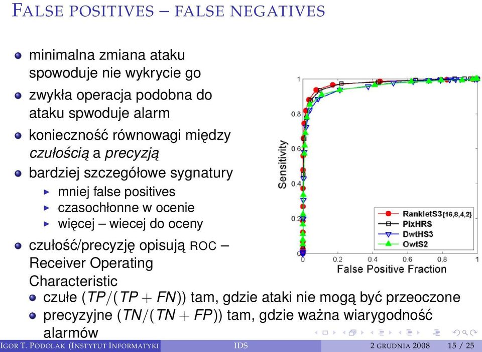 wiecej do oceny czułość/precyzję opisuja ROC Receiver Operating Characteristic czułe (TP/(TP + FN)) tam, gdzie ataki nie moga być