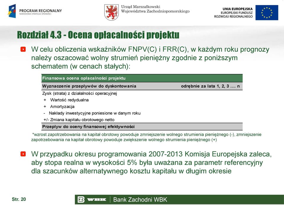 Finansowa ocena opłacalności projektu Wyznaczenie przepływów do dyskontowania Zysk (strata) z działalności operacyjnej + Wartość redydualna + Amortyzacja - Nakłady inwestycyjne poniesione w danym