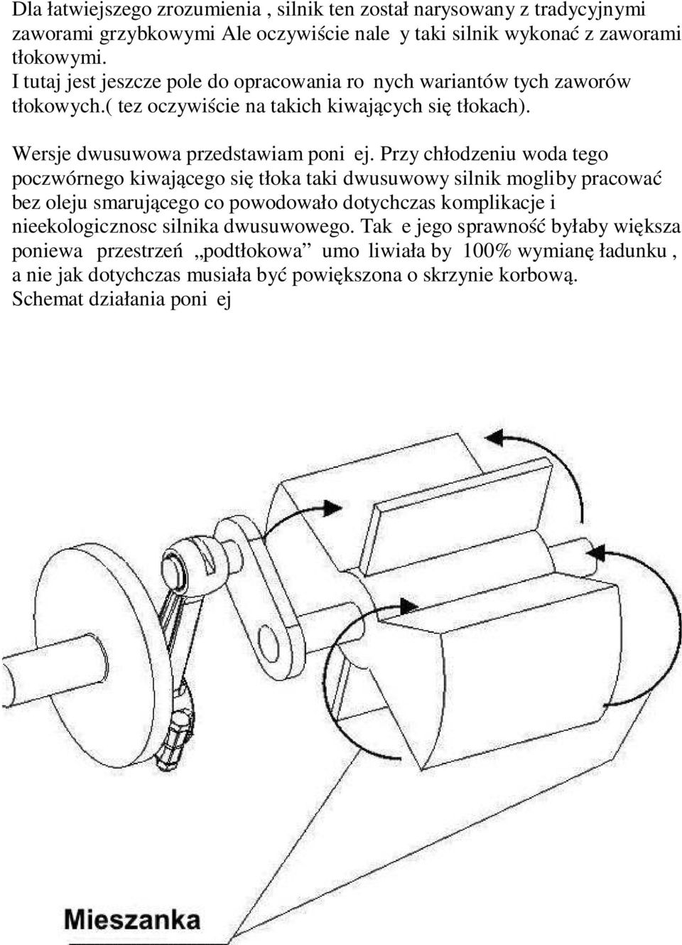 Przy chłodzeniu woda tego poczwórnego kiwającego się tłoka taki dwusuwowy silnik mogliby pracować bez oleju smarującego co powodowało dotychczas komplikacje i nieekologicznosc