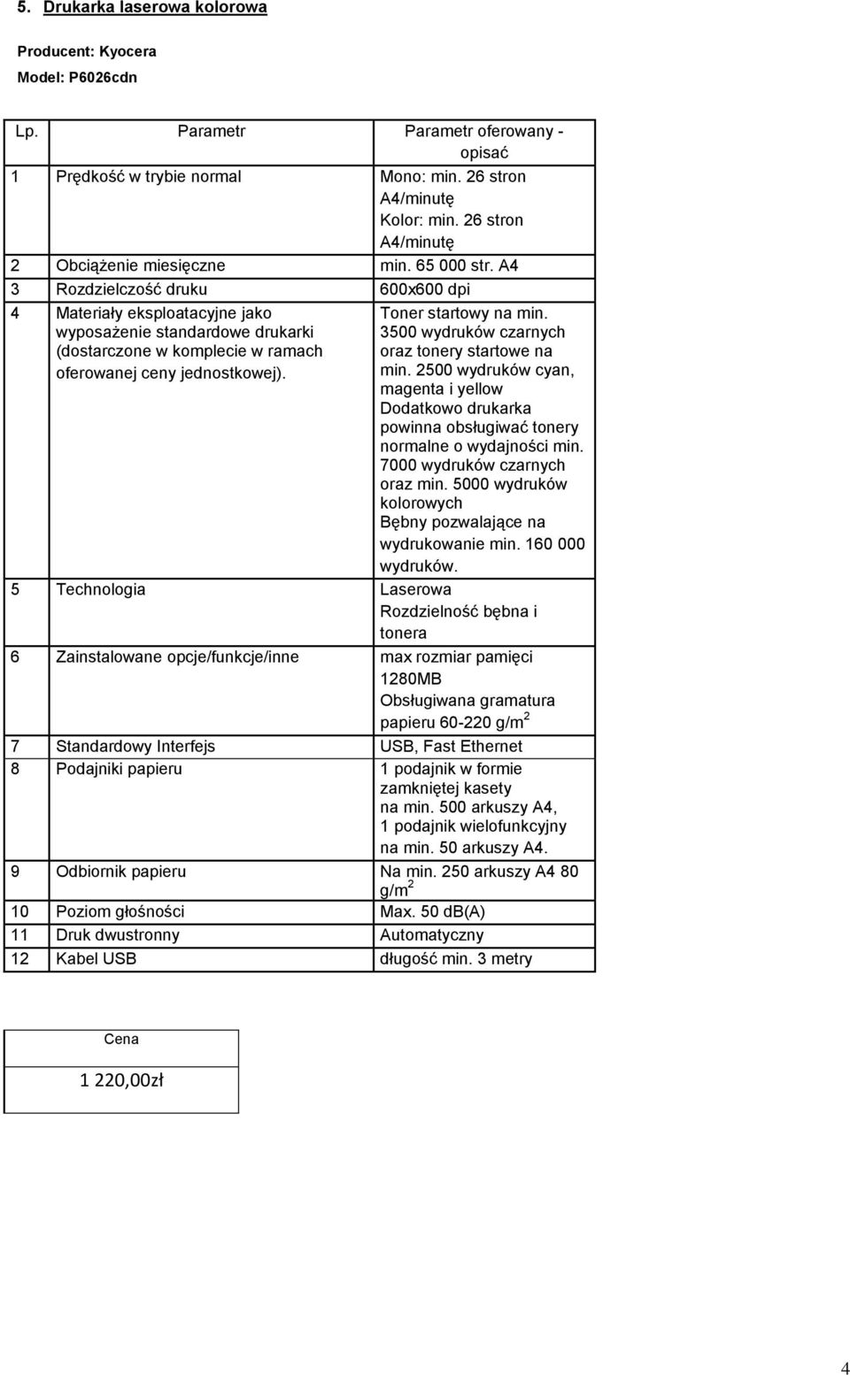 A4 3 Rozdzielczość druku 600x600 dpi 4 Materiały eksploatacyjne jako wyposażenie standardowe drukarki (dostarczone w komplecie w ramach oferowanej ceny jednostkowej). Toner startowy na min.