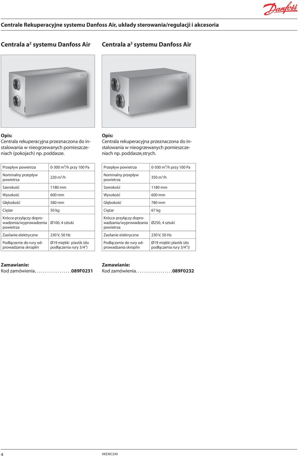 Przepływ Nominalny przepływ Krócce przyłączy doprowadzenia/wyprowadzenia Podłączenie do rury odprowadzania skroplin 0-300 m³/h przy 100 Pa 220 m 3 /h 1180 mm 600 mm 580 mm 50 kg Ø100, 4 sztuki Ø19