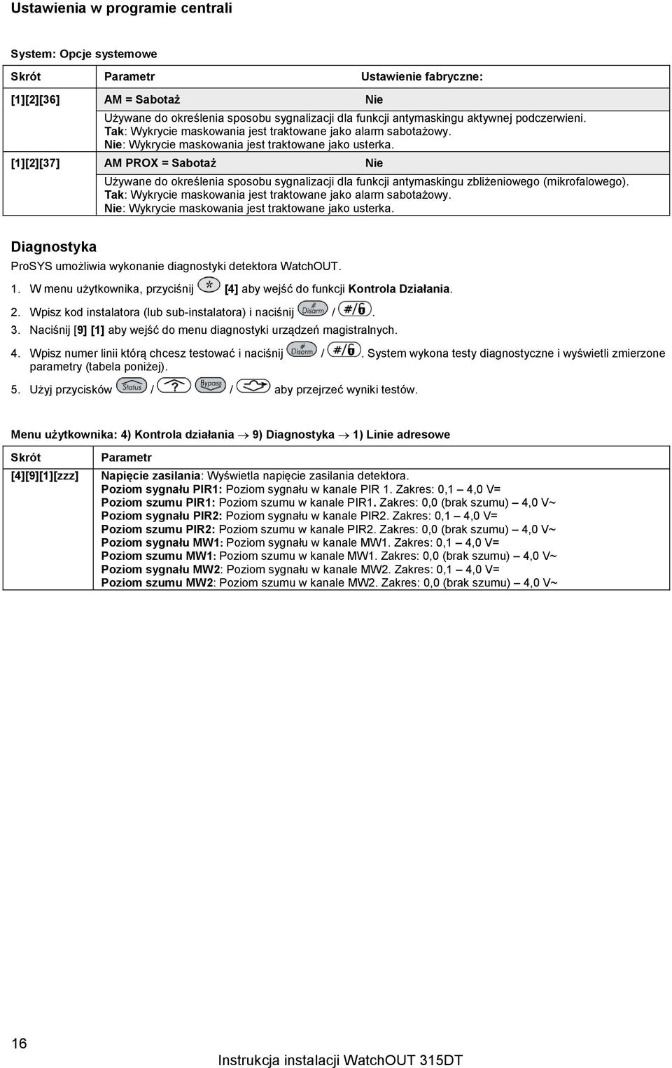 [][2][37] AM PROX = Sabotaż Nie Używane do określenia sposobu sygnalizacji dla funkcji antymaskingu zbliżeniowego (mikrofalowego). Tak: Wykrycie maskowania jest traktowane jako alarm sabotażowy.