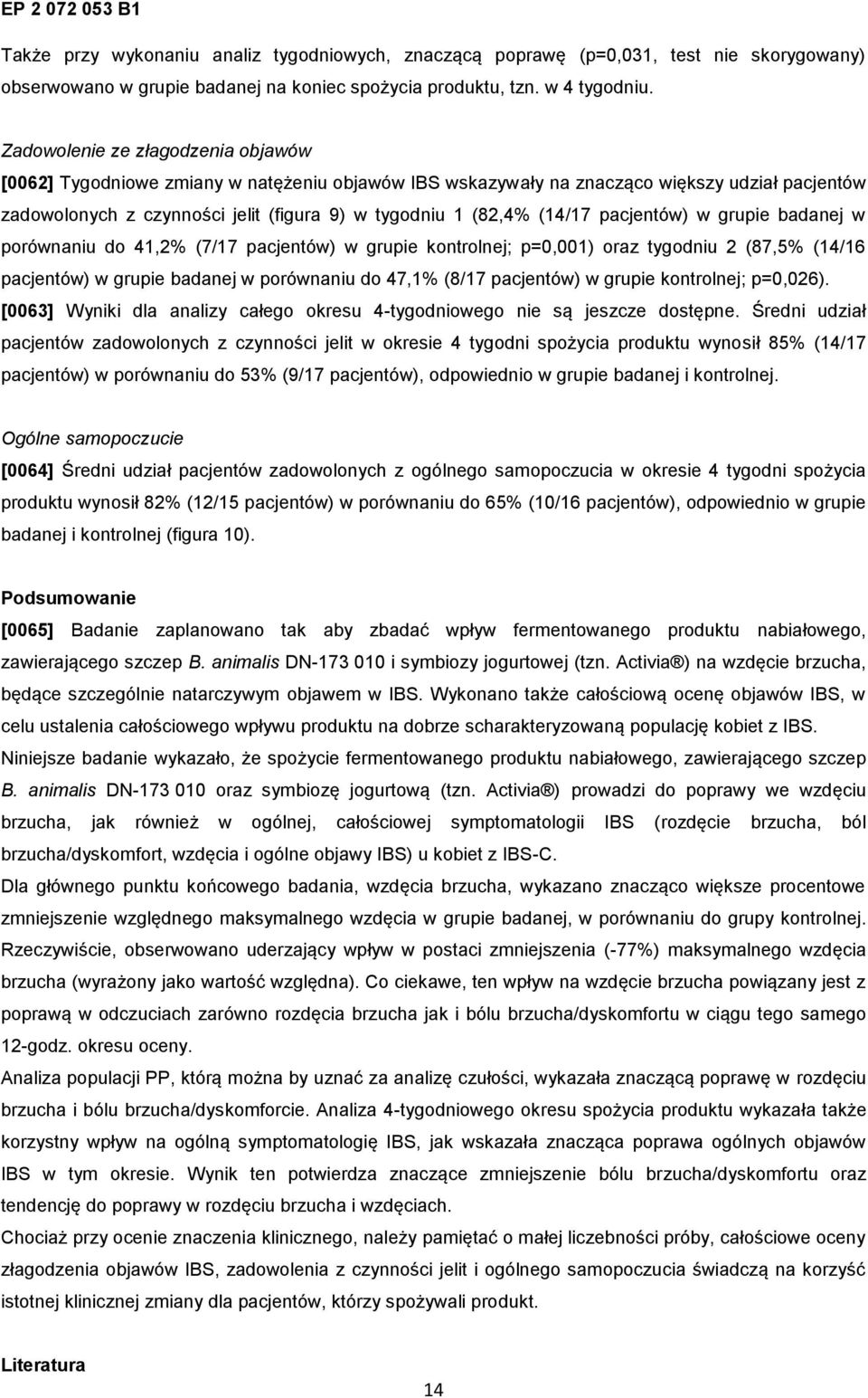 (14/17 pacjentów) w grupie badanej w porównaniu do 41,2% (7/17 pacjentów) w grupie kontrolnej; p=0,001) oraz tygodniu 2 (87,5% (14/16 pacjentów) w grupie badanej w porównaniu do 47,1% (8/17