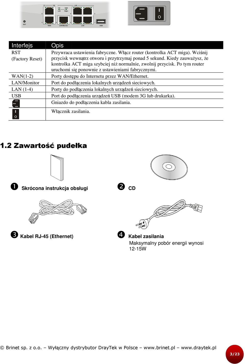 Po tym router uruchomi się ponownie z ustawieniami fabrycznymi. Porty dostępu do Internetu przez WAN/Ethernet. Port do podłączenia lokalnych urządzeń sieciowych.