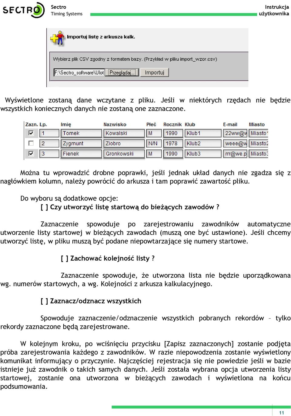 Do wyboru są dodatkowe opcje: [ ] Czy utworzyć listę startową do bieżących zawodów?