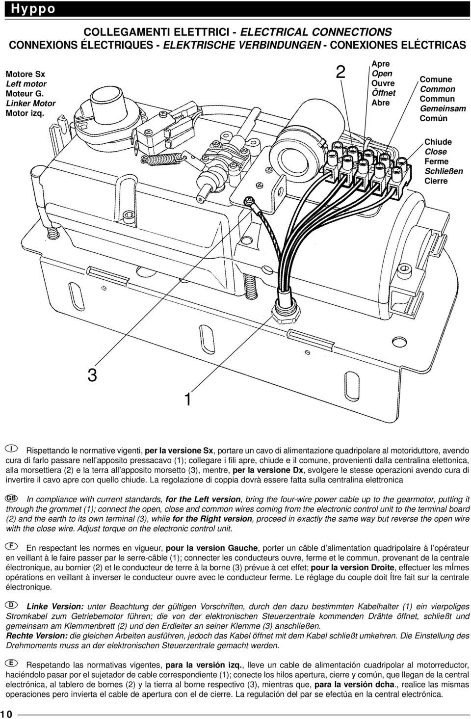 quadripolare al motoriduttore, avendo cura di farlo passare nell apposito pressacavo (1); collegare i fili apre, chiude e il comune, provenienti dalla centralina elettonica, alla morsettiera (2) e la