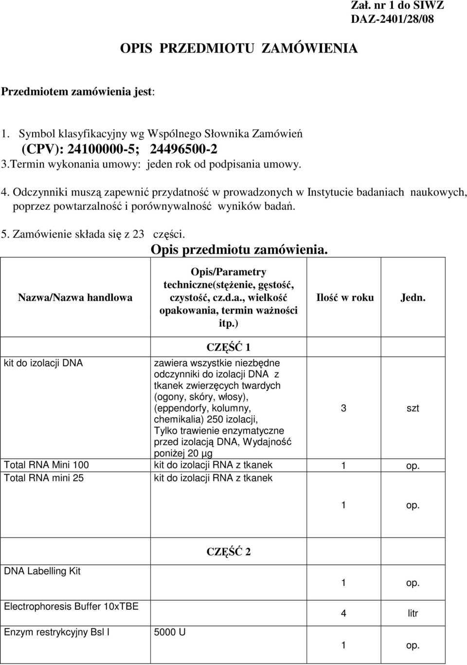 5. Zamówienie składa się z 23 części. Opis przedmiotu zamówienia. Nazwa/Nazwa handlowa Opis/Parametry techniczne(stężenie, gęstość, czystość, cz.d.a., wielkość opakowania, termin ważności itp.