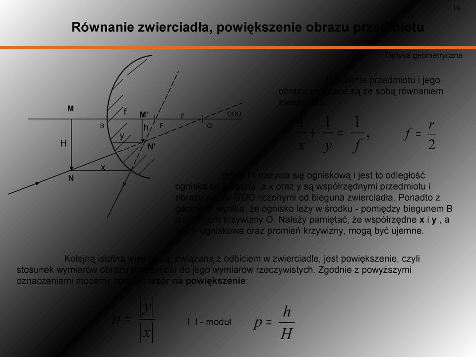 Ponadto z geometrii wynika, że ognisko leży w środku - pomiędzy biegunem B a środkiem krzywizny O. Należy pamiętać, że współrzędne x i y, a także ogniskowa oraz promień krzywizny, mogą być ujemne.