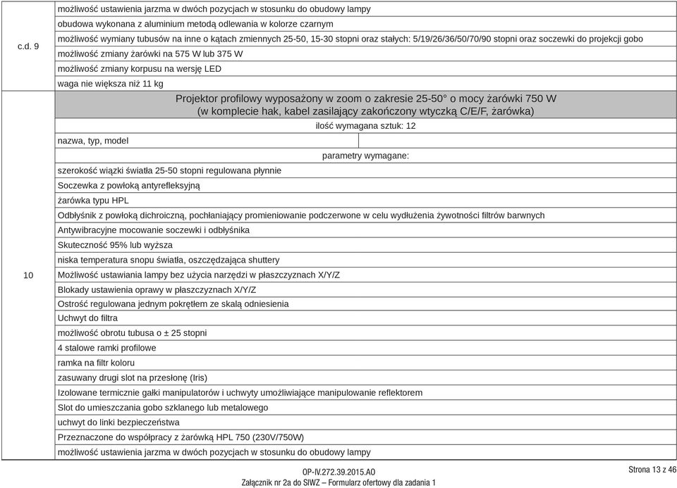 większa niż 11 kg szerokość wiązki światła 25-50 stopni regulowana płynnie Soczewka z powłoką antyrefl eksyjną Projektor profi lowy wyposażony w zoom o zakresie 25-50 o mocy żarówki 750 W (w