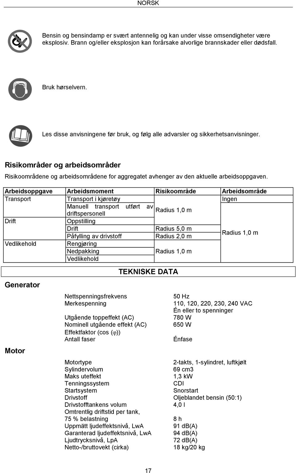 Risikområder og arbeidsområder Risikoområdene og arbeidsområdene for aggregatet avhenger av den aktuelle arbeidsoppgaven.