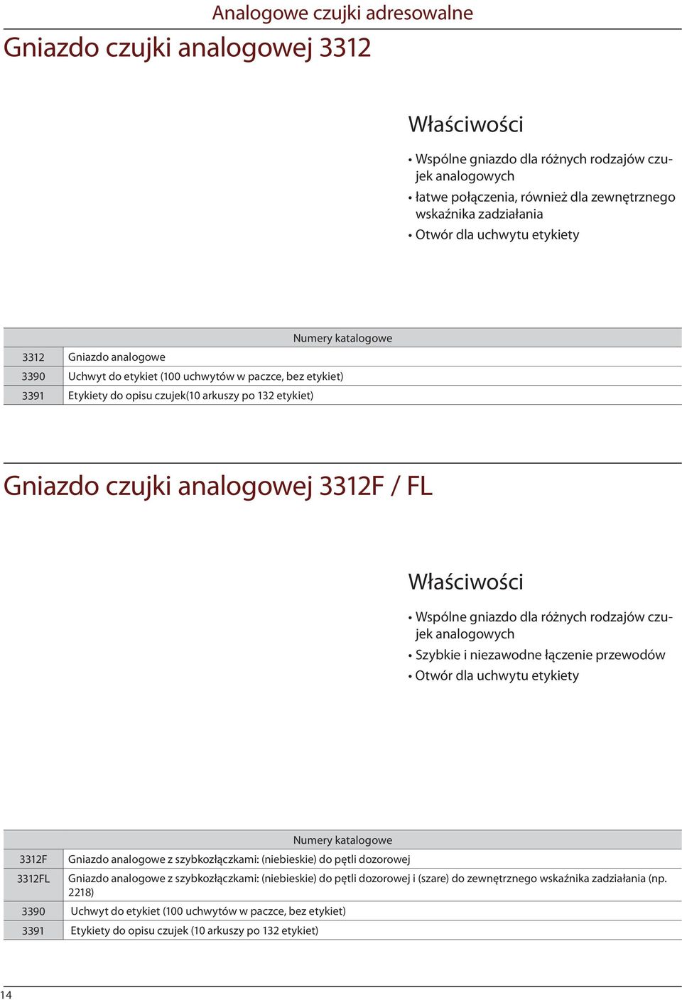 gniazdo dla różnych rodzajów czujek analogowych Szybkie i niezawodne łączenie przewodów Otwór dla uchwytu etykiety 3312F 3312FL Gniazdo analogowe z szybkozłączkami: (niebieskie) do pętli dozorowej