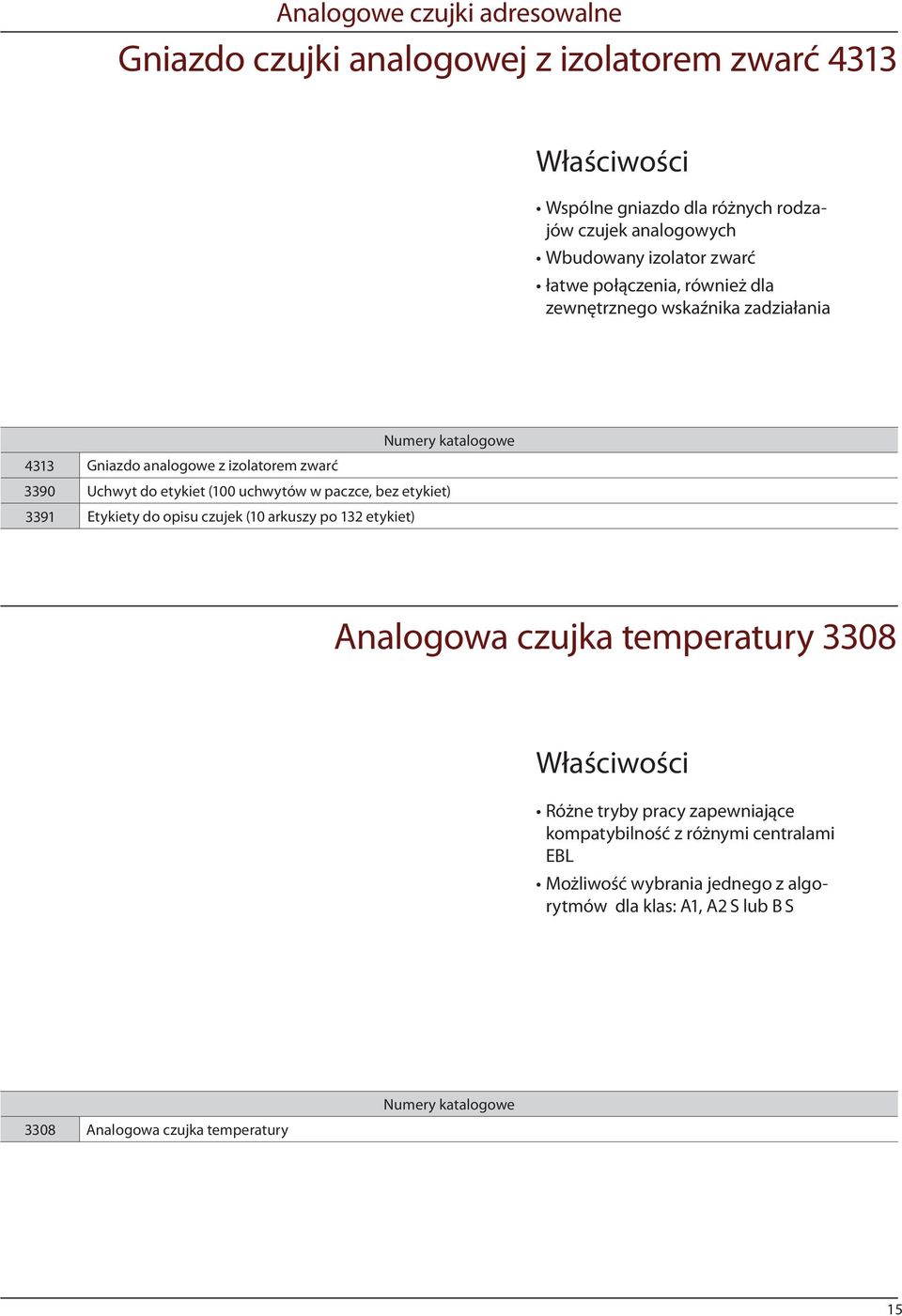 (100 uchwytów w paczce, bez etykiet) 3391 Etykiety do opisu czujek (10 arkuszy po 132 etykiet) Analogowa czujka temperatury 3308 Różne tryby pracy