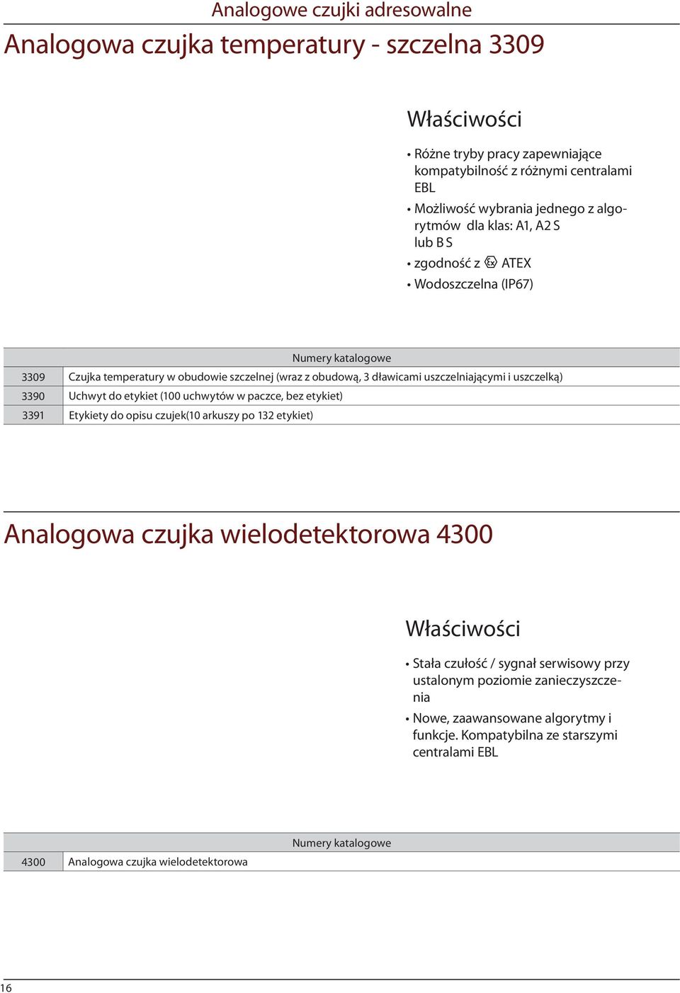 uszczelką) 3390 Uchwyt do etykiet (100 uchwytów w paczce, bez etykiet) 3391 Etykiety do opisu czujek(10 arkuszy po 132 etykiet) Analogowa czujka wielodetektorowa 4300 Stała