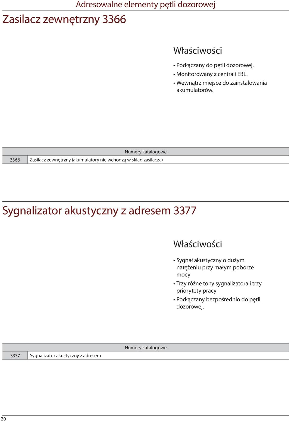 3366 Zasilacz zewnętrzny (akumulatory nie wchodzą w skład zasilacza) Sygnalizator akustyczny z adresem 3377 Sygnał