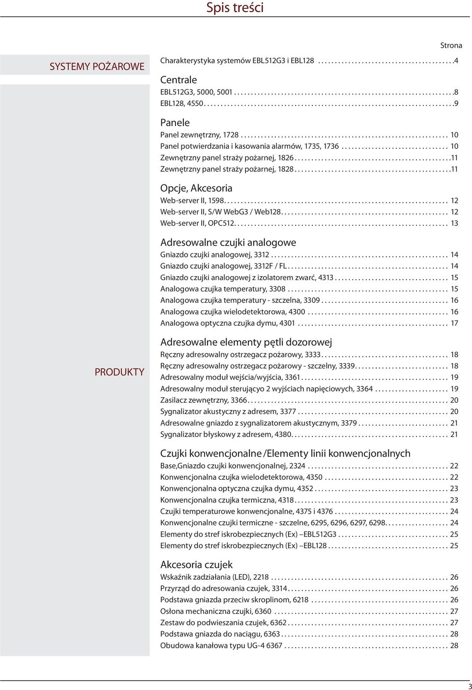 .. 12 Web-server II, S/W WebG3 / Web128... 12 Web-server II, OPC512... 13 Adresowalne czujki analogowe Gniazdo czujki analogowej, 3312... 14 Gniazdo czujki analogowej, 3312F / FL.