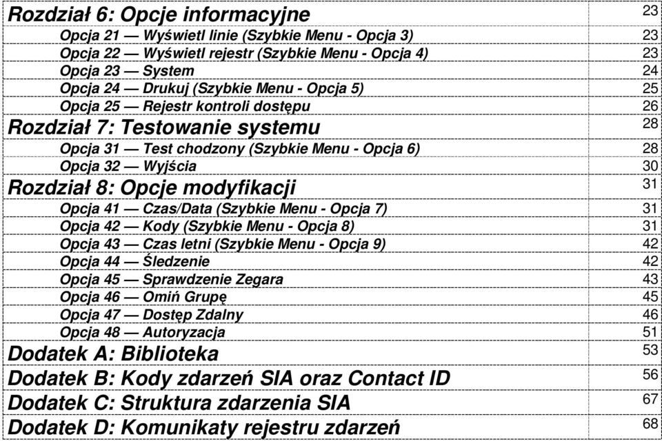 Czas/Data (Szybkie Menu - Opcja 7) 31 Opcja 42 Kody (Szybkie Menu - Opcja 8) 31 Opcja 43 Czas letni (Szybkie Menu - Opcja 9) 42 Opcja 44 Śledzenie 42 Opcja 45 Sprawdzenie Zegara 43 Opcja 46 Omiń