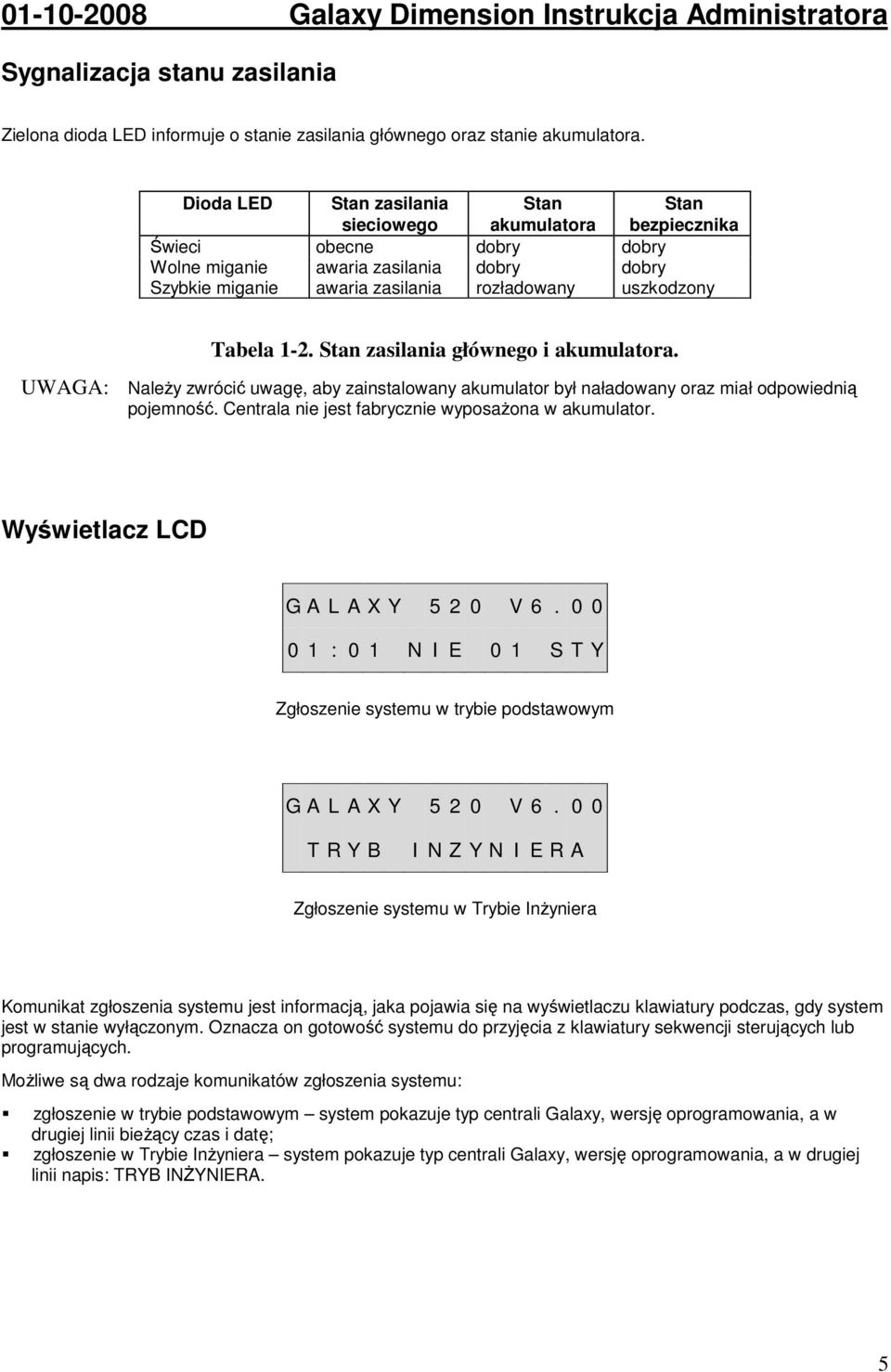 Tabela 1-2. Stan zasilania głównego i akumulatora. UWAGA: NaleŜy zwrócić uwagę, aby zainstalowany akumulator był naładowany oraz miał odpowiednią pojemność.