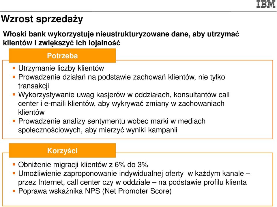 zachowaniach klientów Prowadzenie analizy sentymentu wobec marki w mediach społecznościowych, aby mierzyć wyniki kampanii Korzyści Korzyści Obniżenie migracji klientów z 6% do