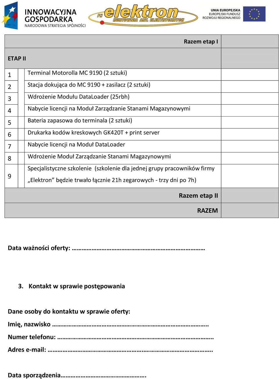 Moduł Zarządzanie Stanami Magazynowymi Specjalistyczne szkolenie (szkolenie dla jednej grupy pracowników firmy 9 Elektron będzie trwało łącznie 21h zegarowych - trzy dni po 7h)