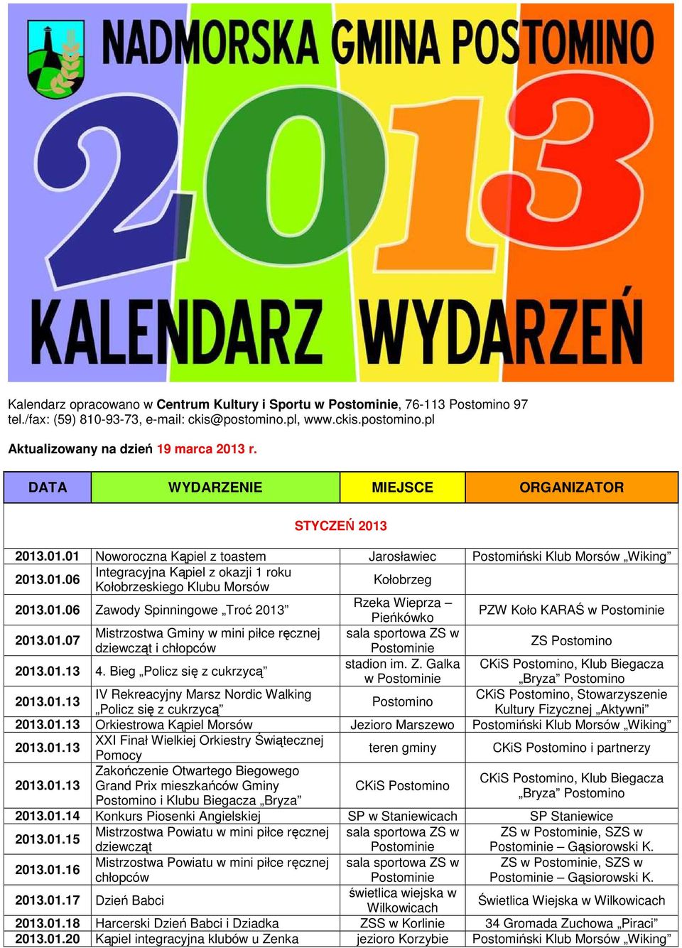 01.06 Zawody Spinningowe Troć 2013 Rzeka Wieprza Pieńkówko PZW Koło KARAŚ 2013.01.07 Mistrzostwa Gminy w mini piłce ręcznej dziewcząt i chłopców ZS 2013.01.13 4.