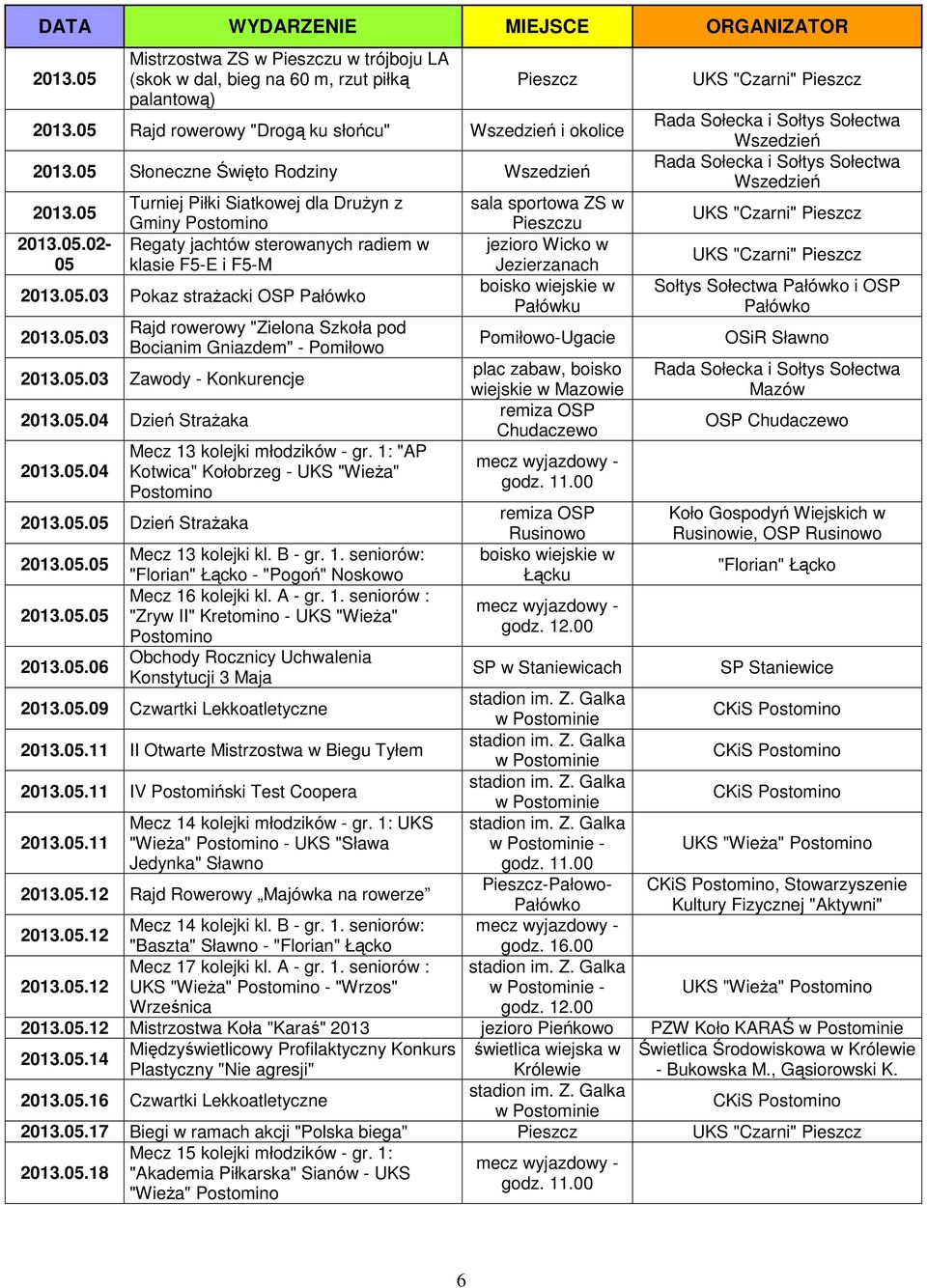 1: "AP Kotwica" Kołobrzeg - UKS "Wieża" jezioro Wicko w Jezierzanach Pałówku Pomiłowo-Ugacie plac zabaw, boisko wiejskie w Mazowie remiza OSP mecz wyjazdowy - godz. 11.