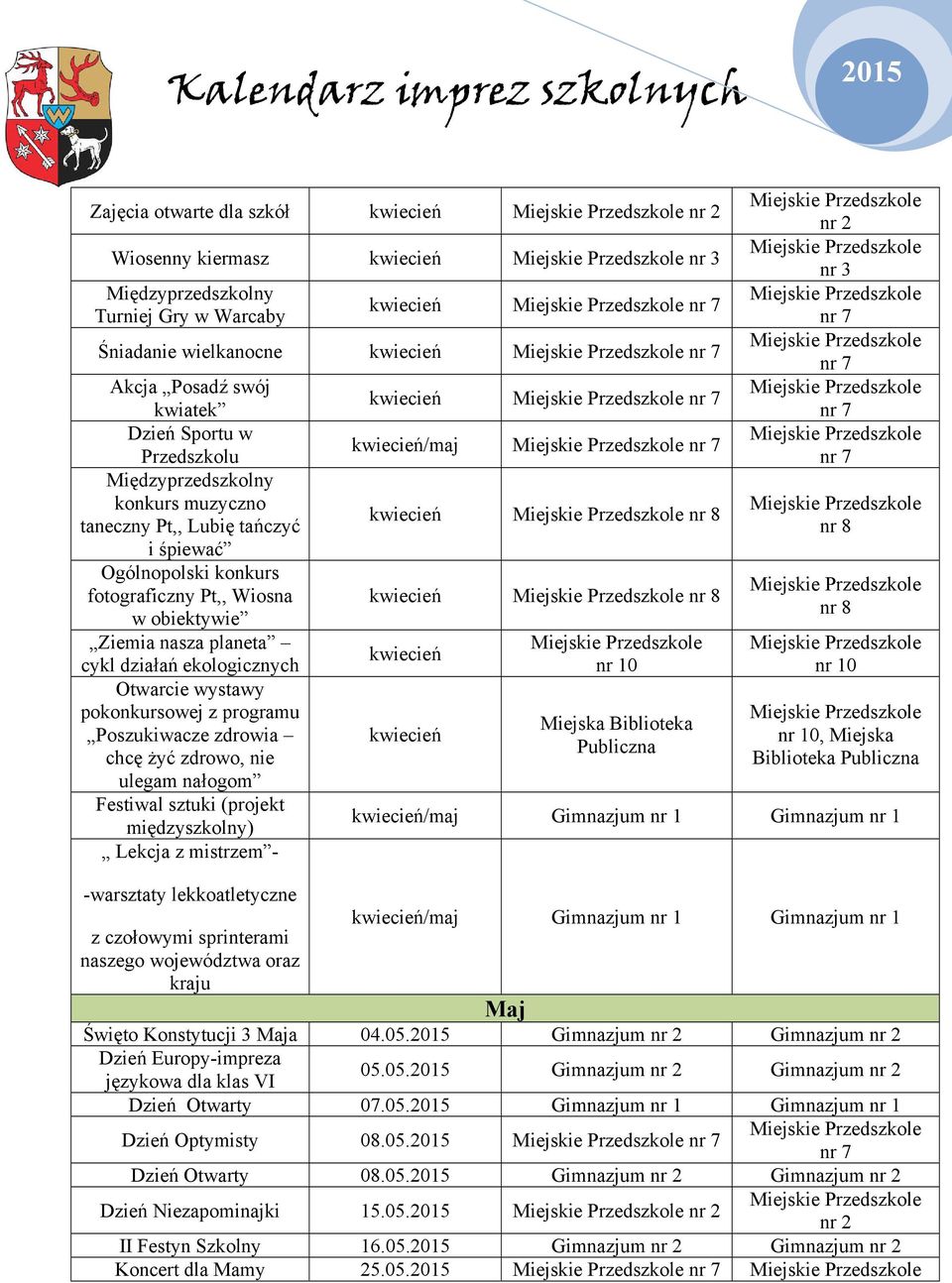 Otwarcie wystawy pokonkursowej z programu Poszukiwacze zdrowia chcę żyć zdrowo, nie ulegam nałogom Festiwal sztuki (projekt międzyszkolny) Lekcja z mistrzem - kwiecień kwiecień/maj kwiecień kwiecień