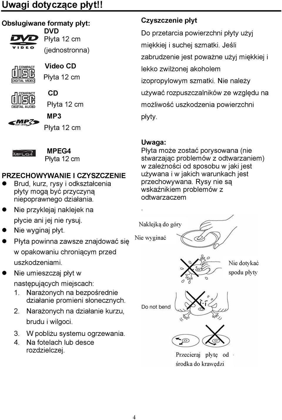 mogą być przyczyną niepoprawnego działania. Nie przyklejaj naklejek na płycie ani jej nie rysuj. Nie wyginaj płyt. Płyta powinna zawsze znajdować się w opakowaniu chroniącym przed uszkodzeniami.