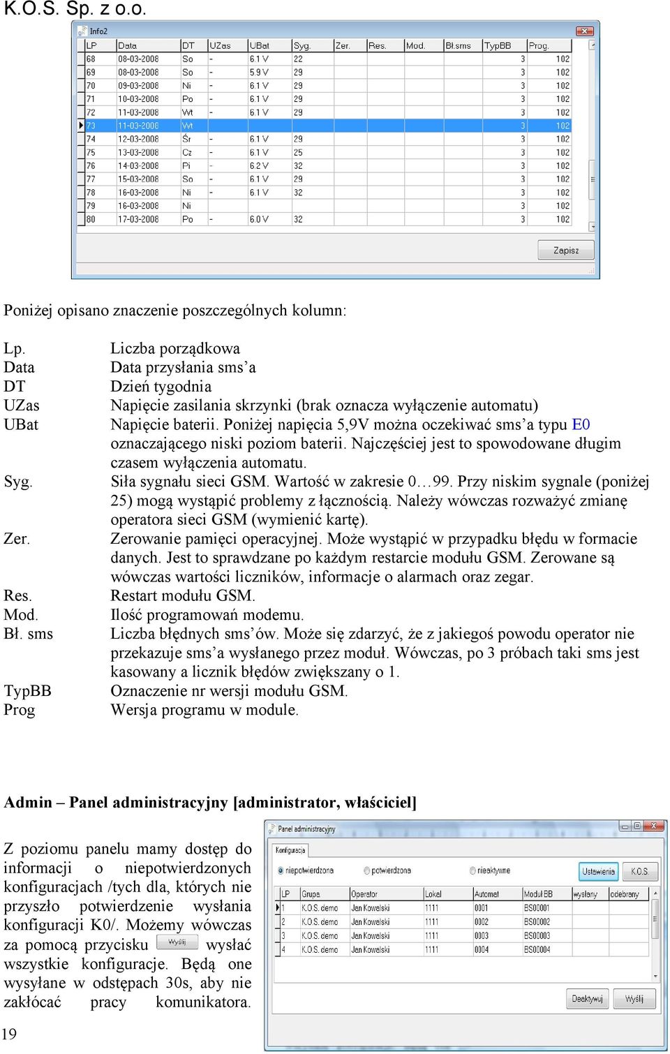 Poniżej napięcia 5,9V można oczekiwać sms a typu E0 oznaczającego niski poziom baterii. Najczęściej jest to spowodowane długim czasem wyłączenia automatu. Siła sygnału sieci GSM.