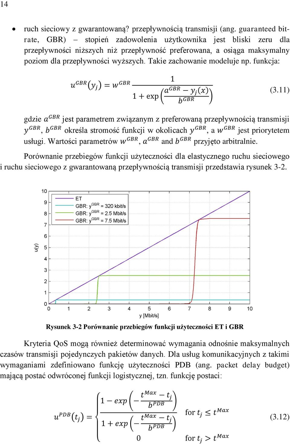 Takie zachowanie modeluje np. funkcja: ( ) ( ( ) ) (3.11) gdzie jest parametrem związanym z preferowaną przepływnością transmisji, określa stromość funkcji w okolicach, a jest priorytetem usługi.