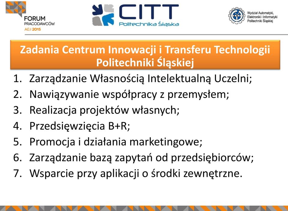 Realizacja projektów własnych; 4. Przedsięwzięcia B+R; 5.