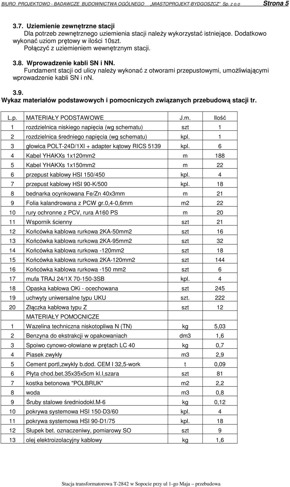 Fundament stacji od ulicy naleŝy wykonać z otworami przepustowymi, umoŝliwiającymi wprowadzenie kabli SN i nn. 3.9. Wykaz materiałów podstawowych i pomocniczych związanych przebudową stacji tr. L.p. MATEIAŁY PODSTAWOWE J.