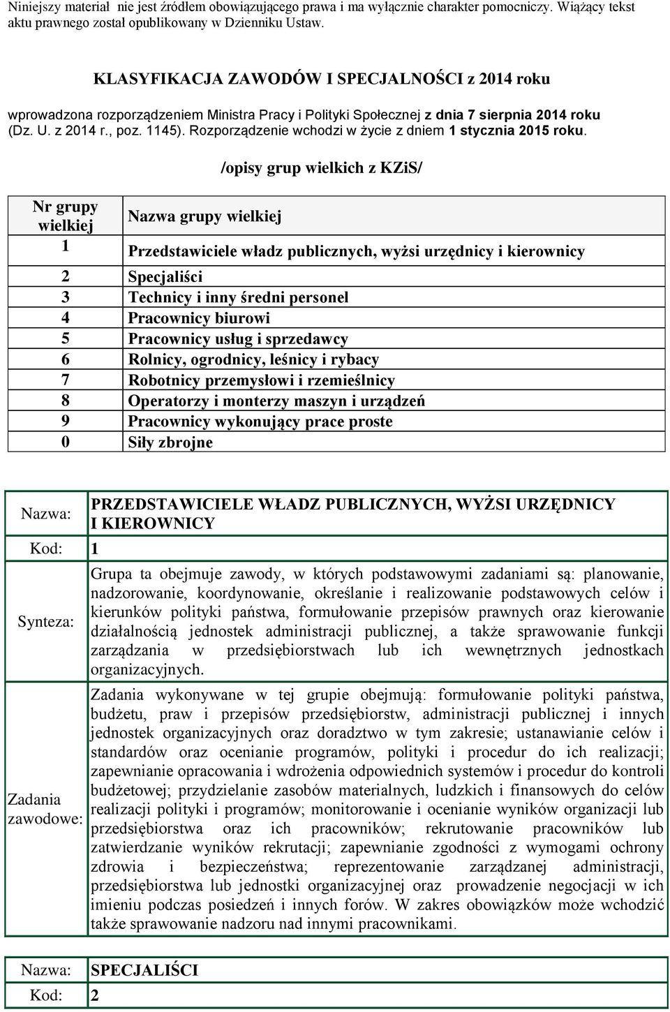 /opisy grup wielkich z KZiS/ Nr grupy Nazwa grupy wielkiej wielkiej 1 Przedstawiciele władz publicznych, wyżsi urzędnicy i kierownicy 2 Specjaliści 3 Technicy i inny średni personel 4 Pracownicy