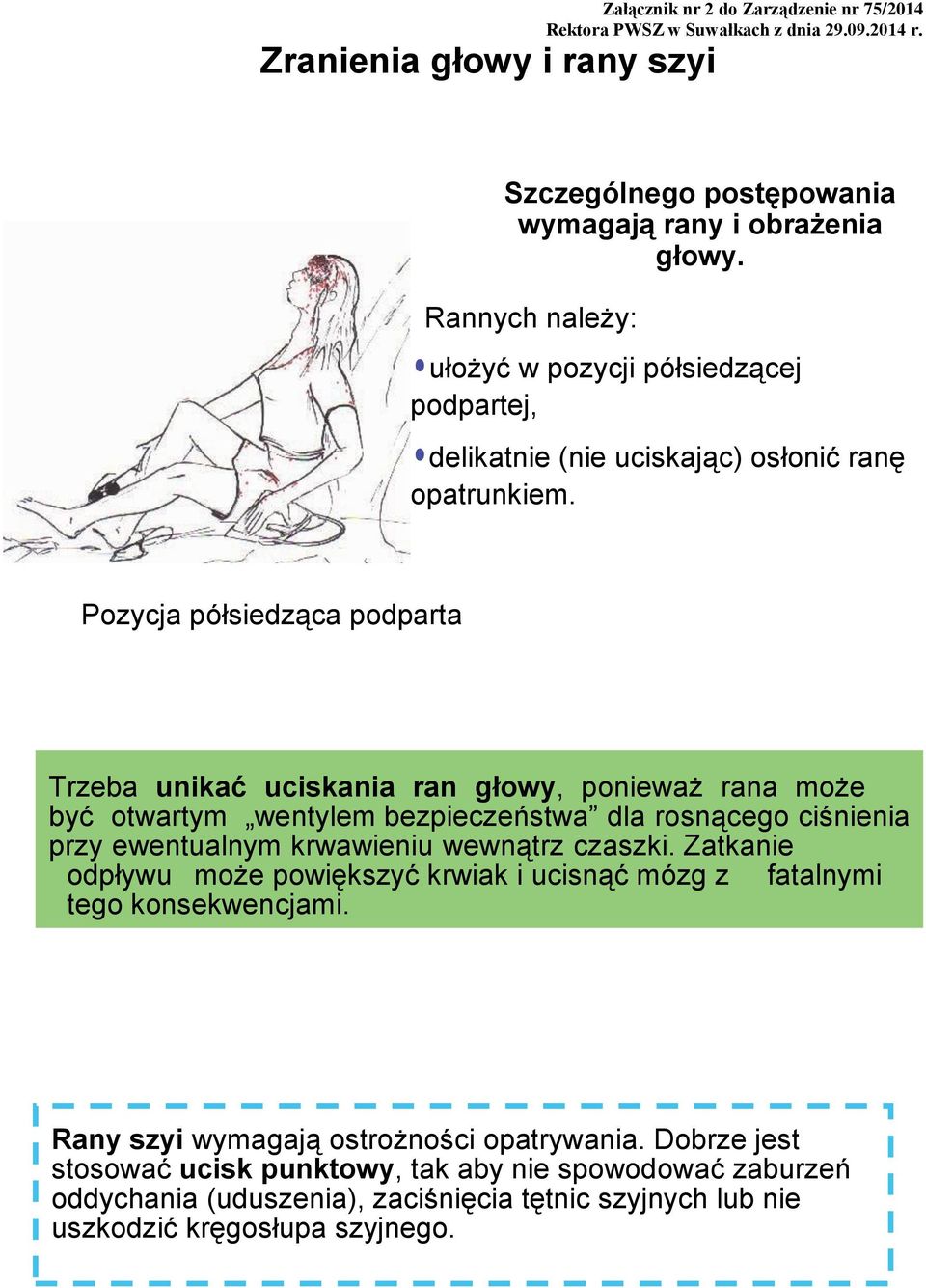 Pozycja półsiedząca podparta Trzeba unikać uciskania ran głowy, ponieważ rana może być otwartym wentylem bezpieczeństwa dla rosnącego ciśnienia przy ewentualnym krwawieniu