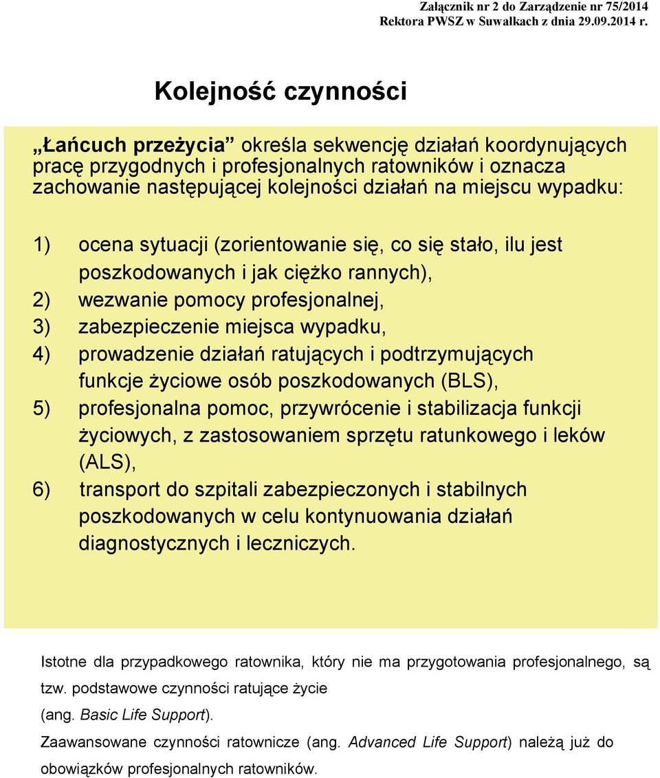 ratujących i podtrzymujących funkcje życiowe osób poszkodowanych (BLS), 5) profesjonalna pomoc, przywrócenie i stabilizacja funkcji życiowych, z zastosowaniem sprzętu ratunkowego i leków (ALS), 6)