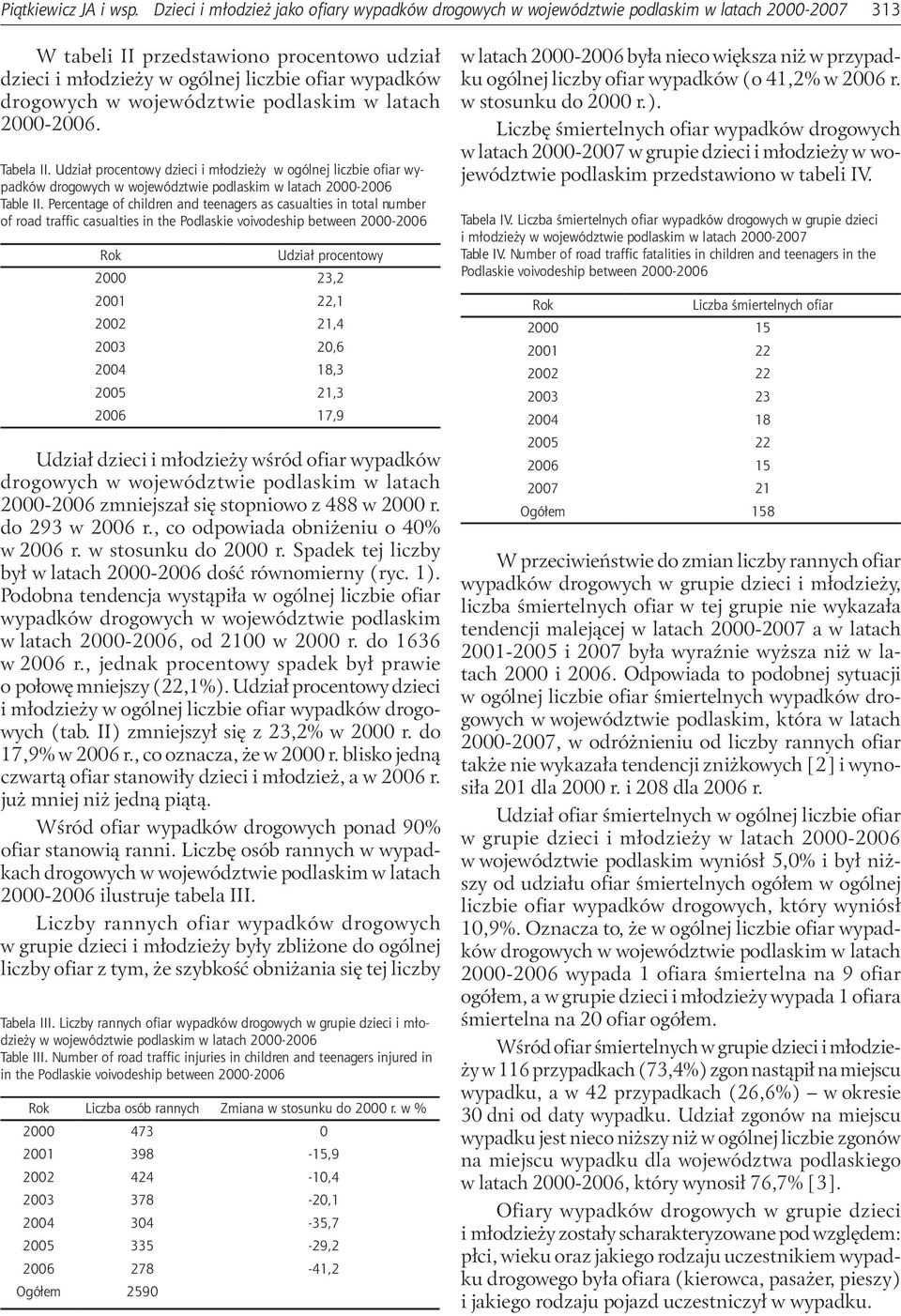 Percentage of children and teenagers as casualties in total number of road traffic casualties in the Podlaskie voivodeship between 2000-2006 Udział procentowy 2000 23,2 2001 22,1 2002 21,4 2003 20,6