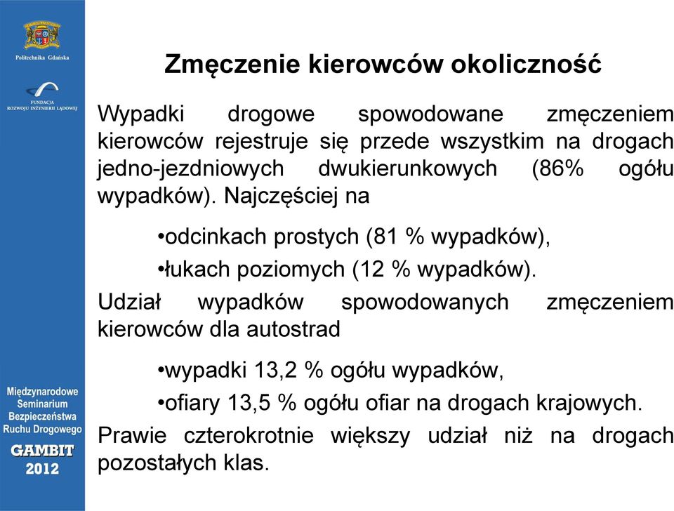 Najczęściej na odcinkach prostych (81 % wypadków), łukach poziomych (12 % wypadków).