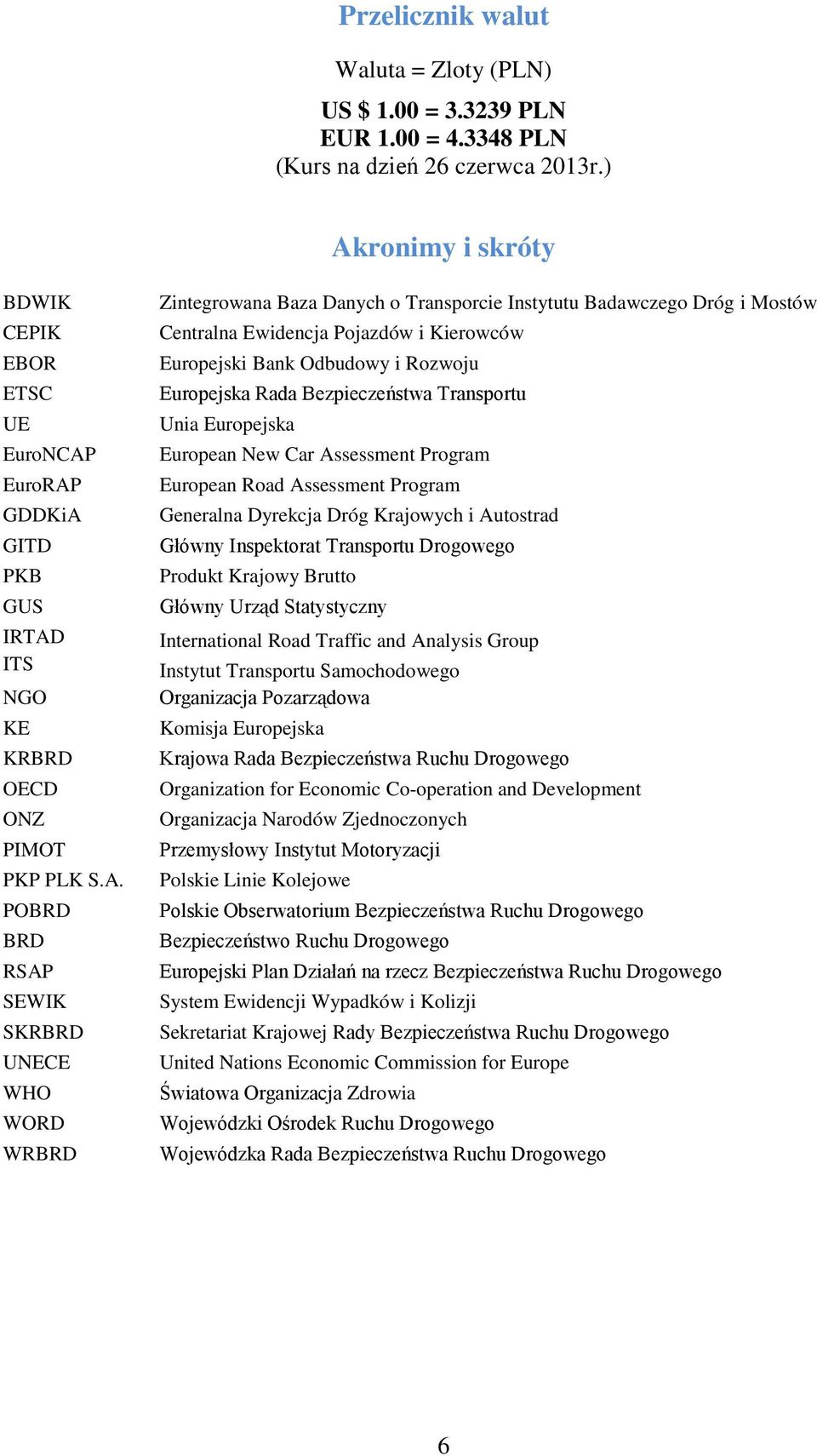 Danych o Transporcie Instytutu Badawczego Dróg i Mostów Centralna Ewidencja Pojazdów i Kierowców Europejski Bank Odbudowy i Rozwoju Europejska Rada Bezpieczeństwa Transportu Unia Europejska European