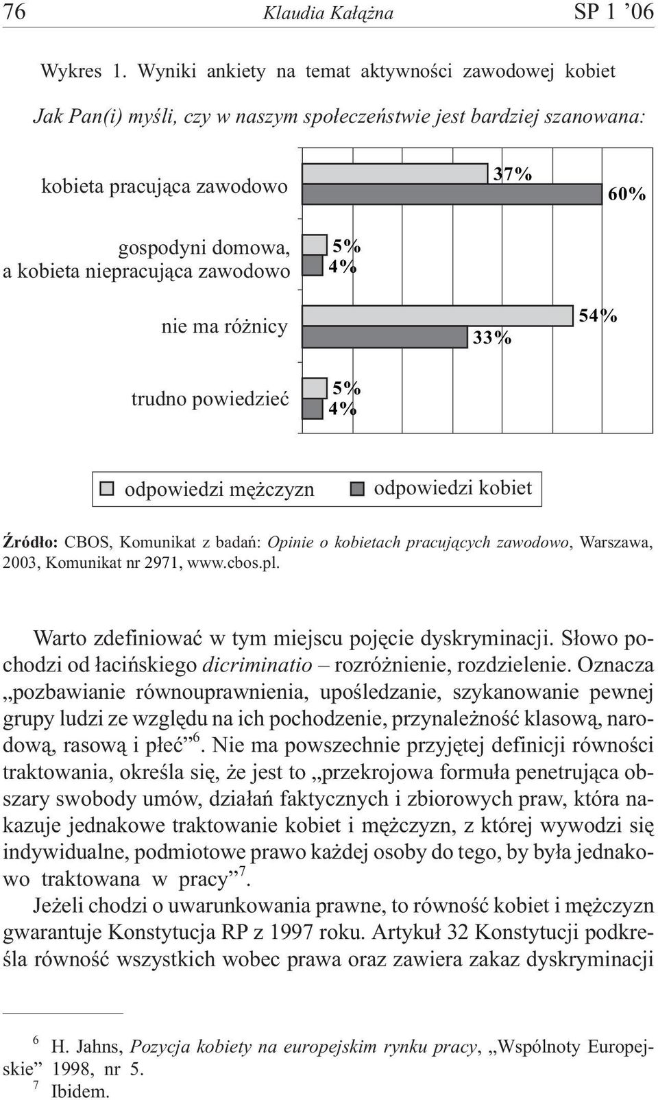 zawodowo 5% 4% nie ma ró nicy 33% 54% trudno powiedzieæ 5% 4% odpowiedzi mê czyzn odpowiedzi kobiet ród³o: CBOS, Komunikat z badañ: Opinie o kobietach pracuj¹cych zawodowo, Warszawa, 2003, Komunikat