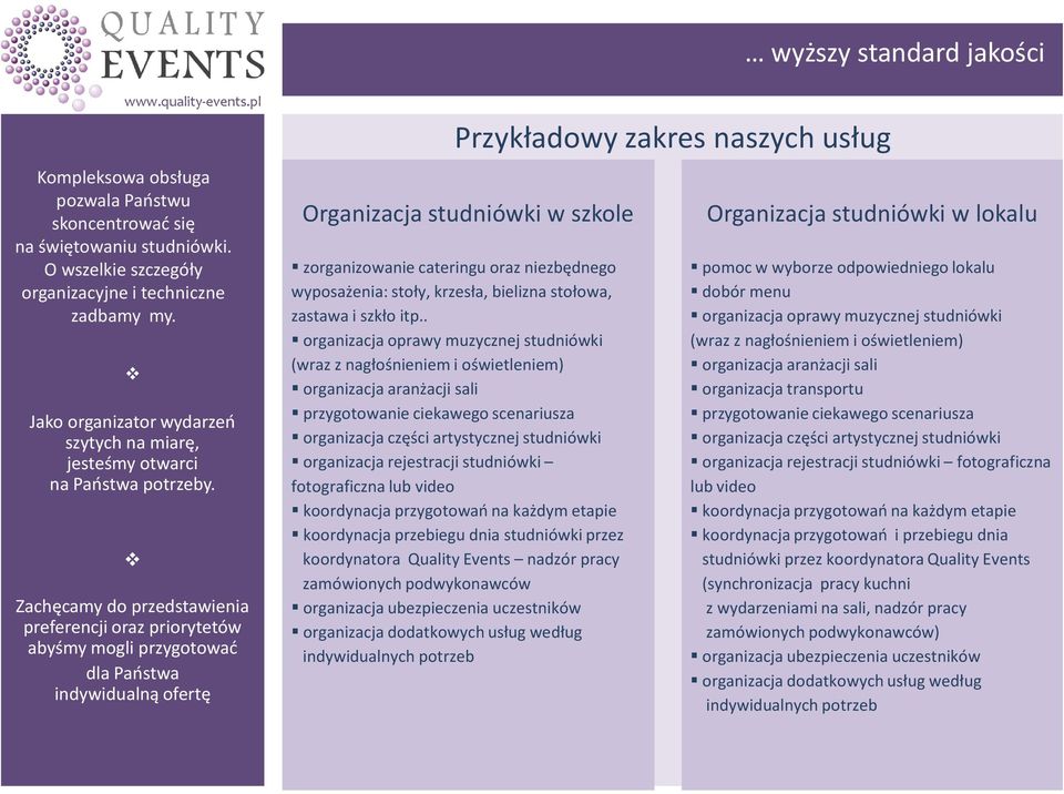 Zachęcamy do przedstawienia preferencji oraz priorytetów abyśmy mogli przygotować dla Państwa indywidualną ofertę Przykładowy zakres naszych usług Organizacja studniówki w szkole zorganizowanie