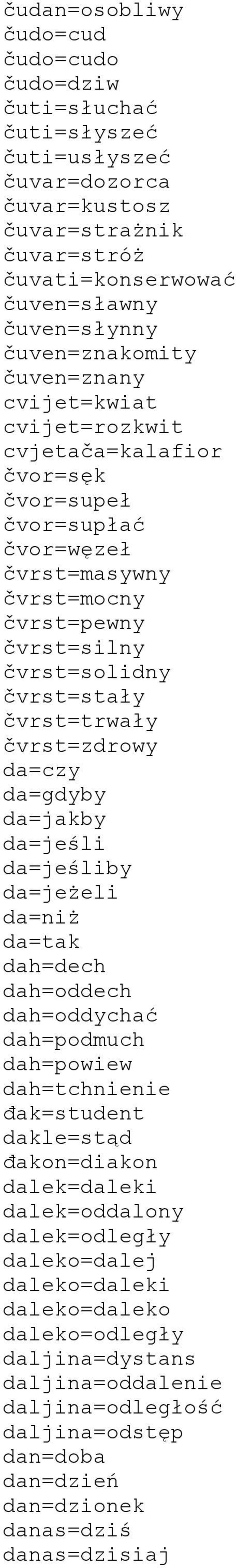čvrst=zdrowy da=czy da=gdyby da=jakby da=jeśli da=jeśliby da=jeżeli da=niż da=tak dah=dech dah=oddech dah=oddychać dah=podmuch dah=powiew dah=tchnienie đak=student dakle=stąd đakon=diakon