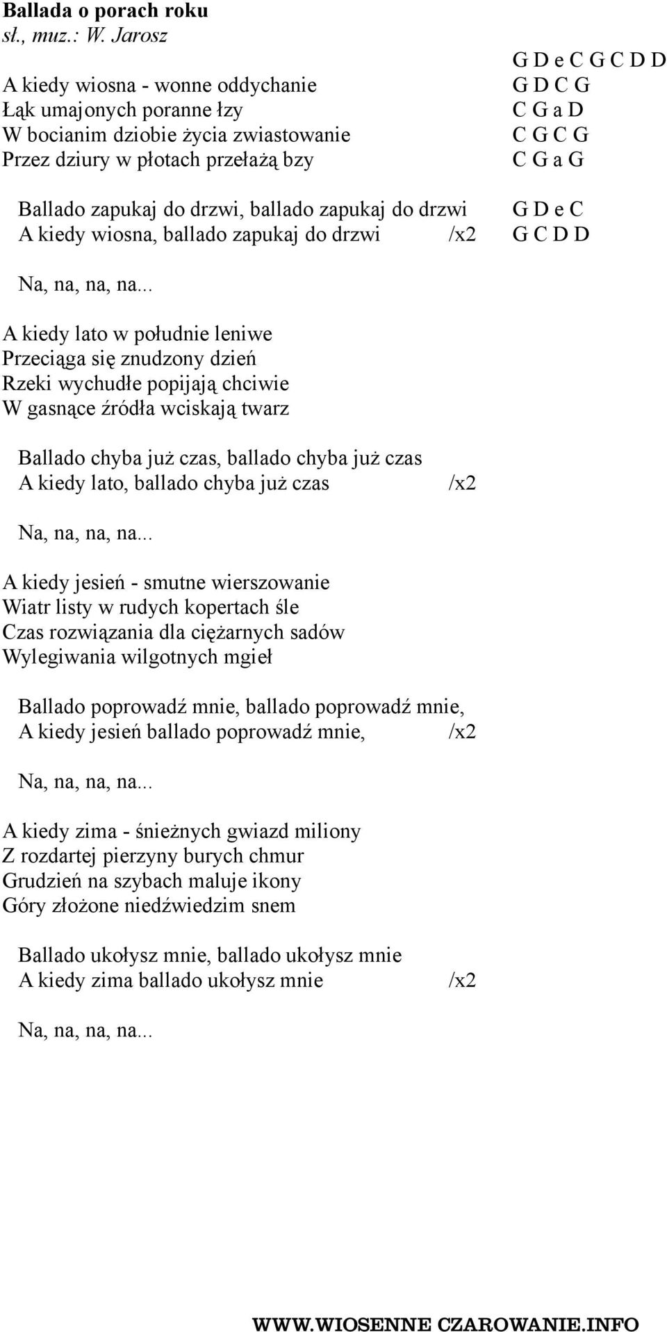 zapukaj do drzwi, ballado zapukaj do drzwi G D e C A kiedy wiosna, ballado zapukaj do drzwi /x2 G C D D Na, na, na, na.