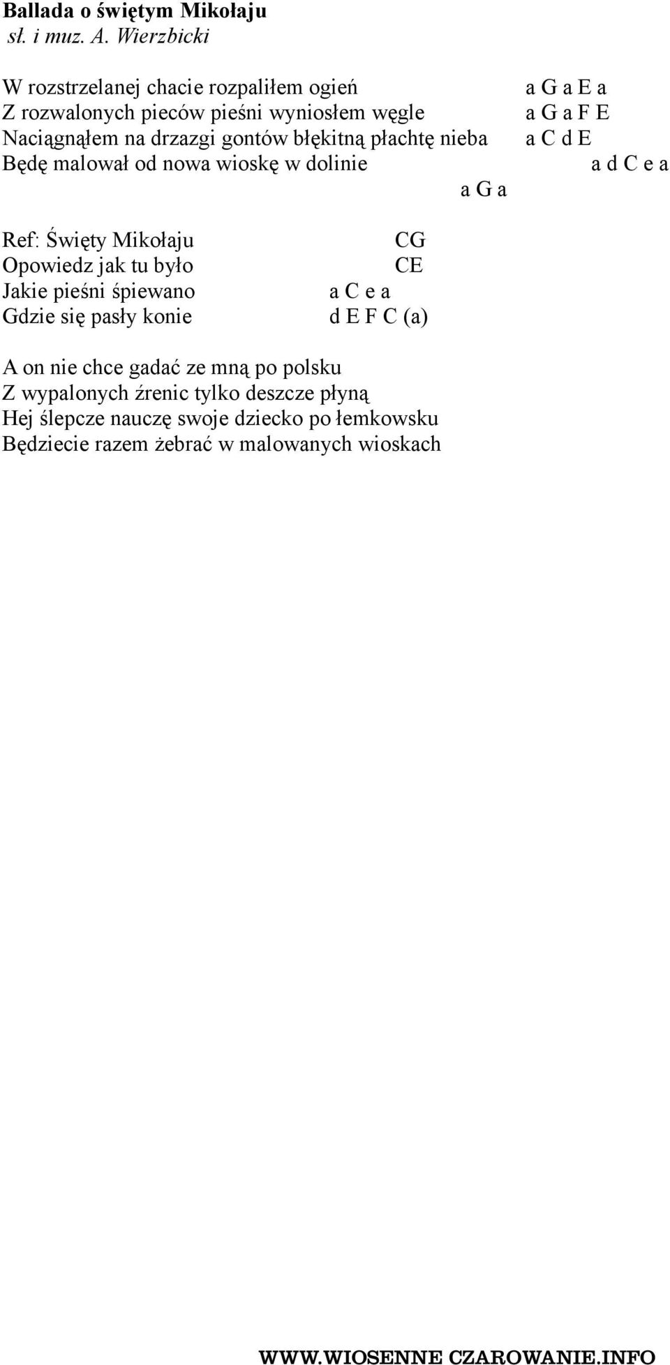 płachtę nieba Będę malował od nowa wioskę w dolinie a G a a G a E a a G a F E a C d E a d C e a Ref: Święty Mikołaju Opowiedz jak tu było