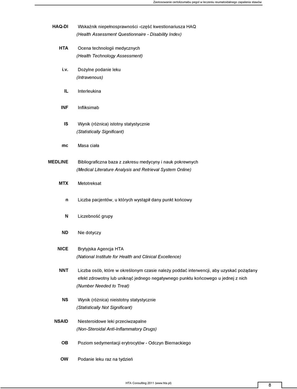 nauk pokrewnych (Medical Literature Analysis and Retrieval System Online) MTX Metotreksat n Liczba pacjentów, u których wystąpił dany punkt końcowy N Liczebność grupy ND Nie dotyczy NICE Brytyjska