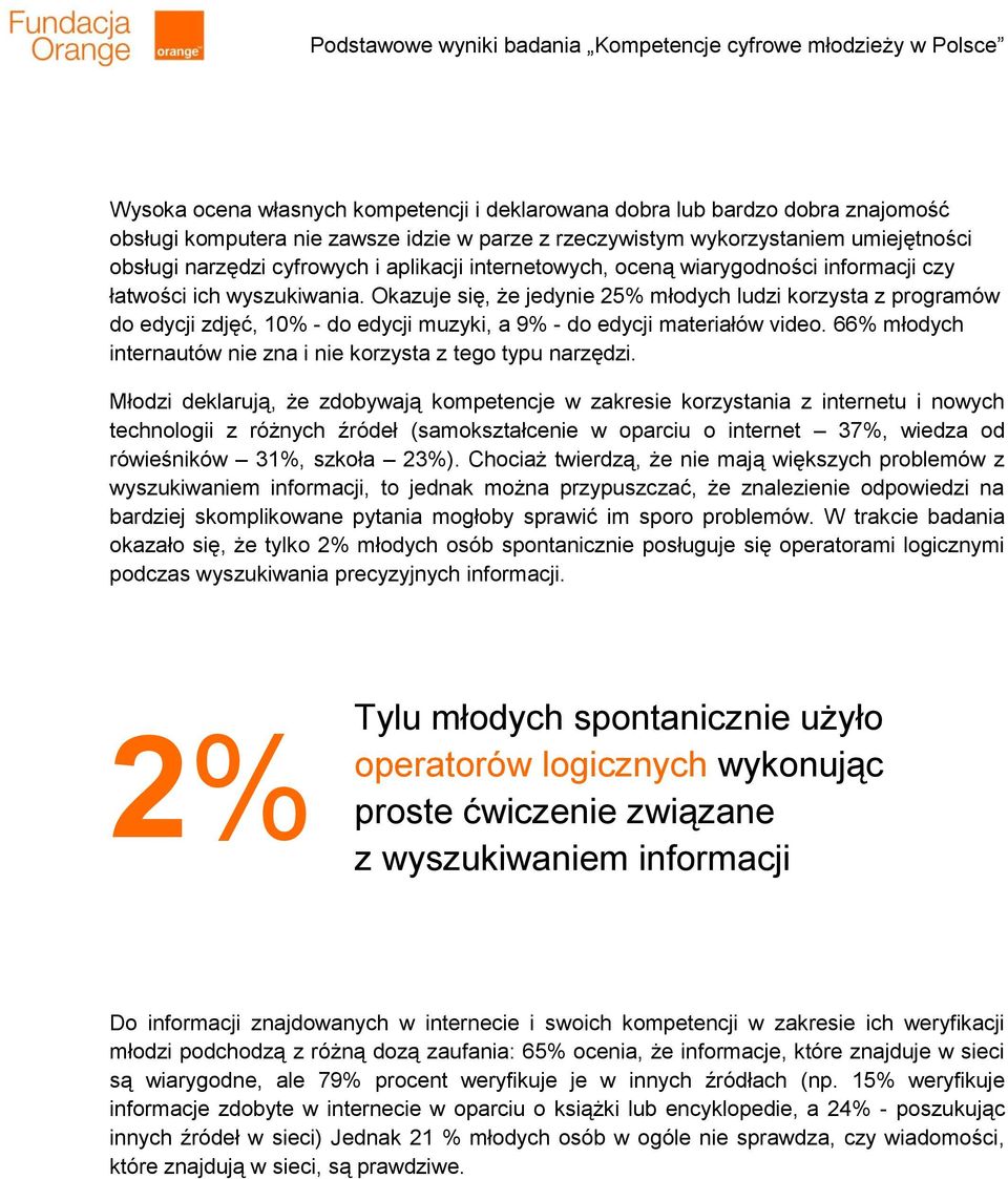 Okazuje się, że jedynie 25% młodych ludzi korzysta z programów do edycji zdjęć, 10% - do edycji muzyki, a 9% - do edycji materiałów video.